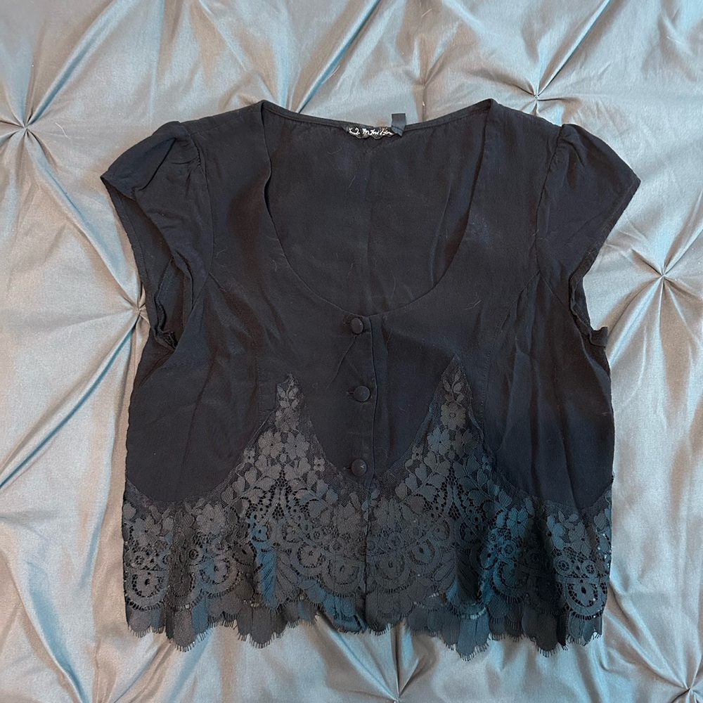 For Love And Lemons Black Lace Trimmed Blouse Crop